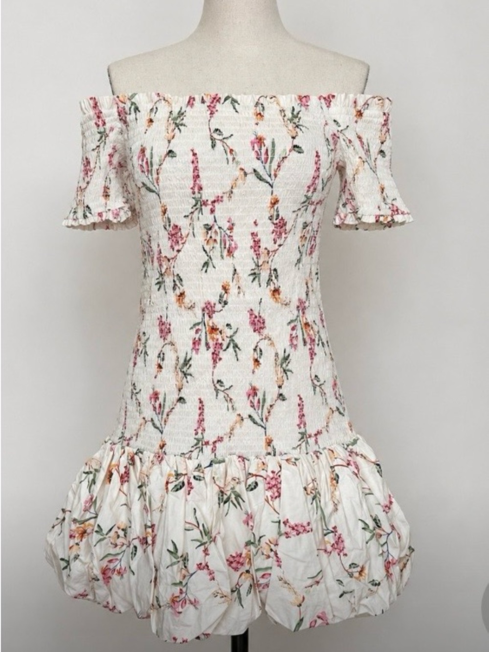 Floral Smocked Off Shoulder Bubble Hem Mini Dress Cottagecore Boho Summer Flirty